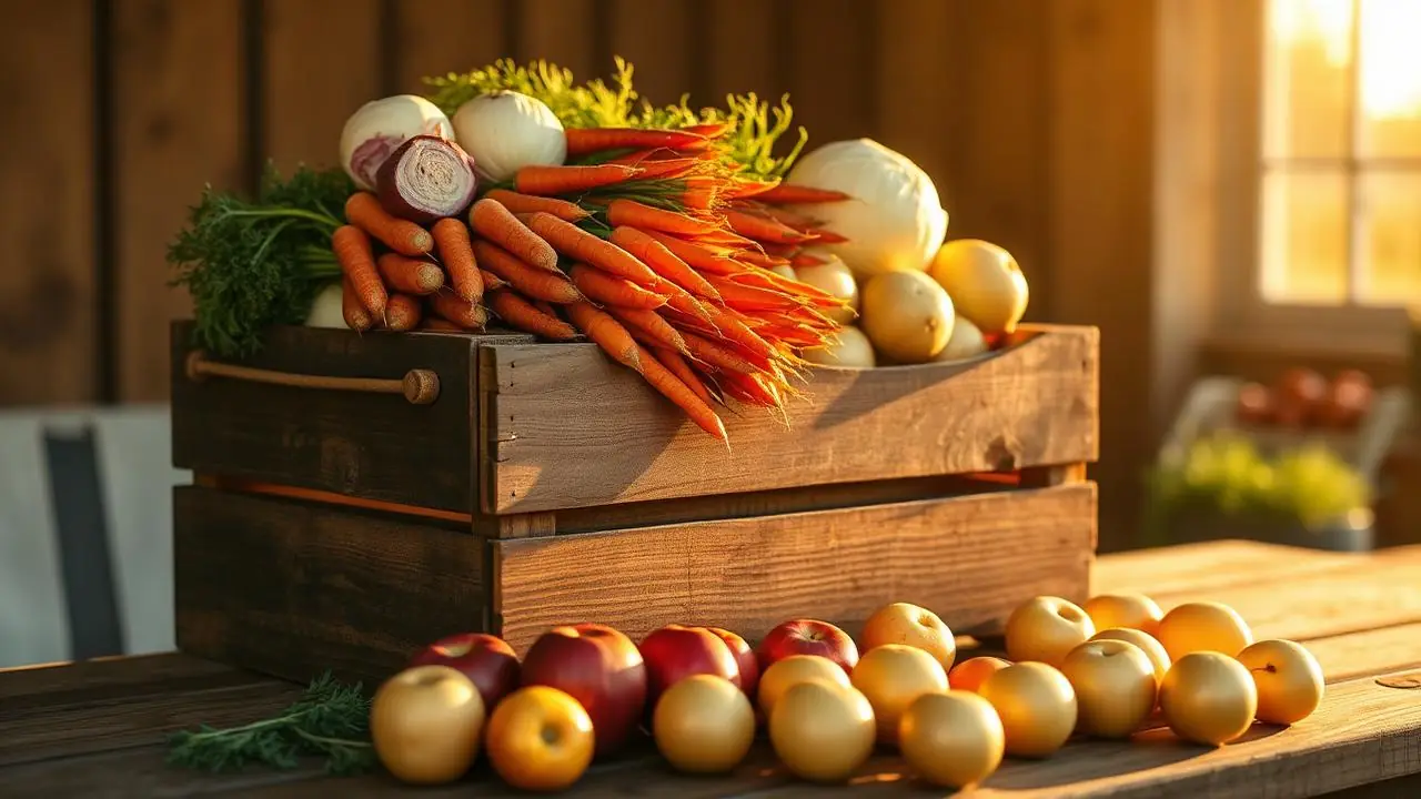 A wooden crate being filled with vegetables